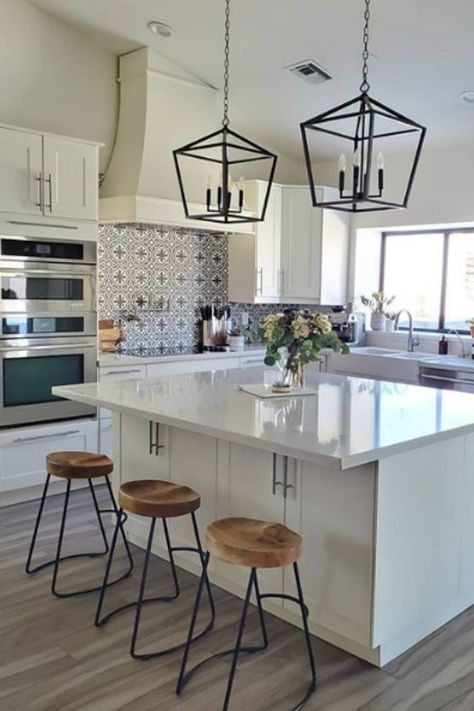 This Instagram post from @sonorandesertliving showcases Bellacor's black lantern pendant lights over a beautiful white kitchen island. Island Fixtures, Sink Island, Beautiful White Kitchens, Portable Kitchen Island, Black Kitchen Island, Kitchen Hanging, Hanging Lighting, White Kitchen Island, Desert Living