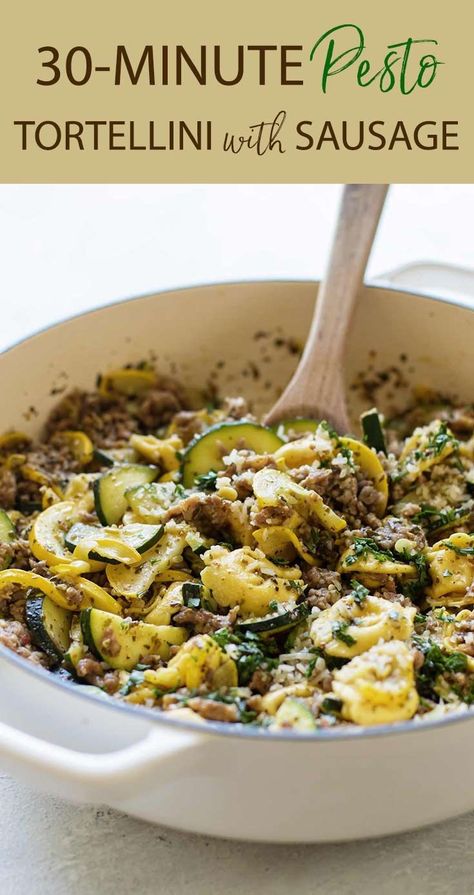 Pesto Tortellini With Sausage, Yellow Squash Pasta, Squash And Italian Sausage, Italian Sausage And Zucchini, Tortellini With Sausage, Sausage Pasta Dinner, Crockpot Italian Sausage, Pesto Tortellini Salad, Healthy Sausage Recipes