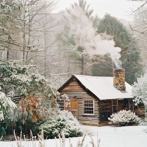 Cozy winter cabin in snowy forest with chimney smoke, rustic retreat for a peaceful getaway. Small Winter Cabin, Cabin Trip Aesthetic, Winter Cabin In The Woods, Winter Cabin Aesthetic, Cabin In Winter, Arctic Cabins, February Aesthetic, Cabin In The Snow, Cozy Cabin In The Woods