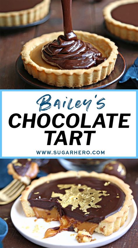 Learn how to make these easy Baileys Chocolate Caramel Tarts! With their buttery, crispy crust, Baileys salted caramel filling, and glossy chocolate topping, these mini caramel chocolate tarts are delicious, gorgeous, and great for St. Patrick’s Day–or any time of year! | From SugarHero.com #sugarhero #carameltart #saltedcaramel #chocolatetart #caramelchocolatetart #minitarts Baileys Desserts, Sally Baking, Baileys Salted Caramel, Nye Desserts, Caramel Tarts, Chocolate Tarts Mini, Salted Caramel Chocolate Tart, Salted Caramel Filling, Almond Tart Recipe