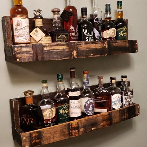 Whiskey Shelves, Bourbon Shelf, Diy Whiskey Barrel, Barrel Shelf, Stave Projects, Whiskey Rack, Diy Whiskey, Liquor Display, Bourbon Room