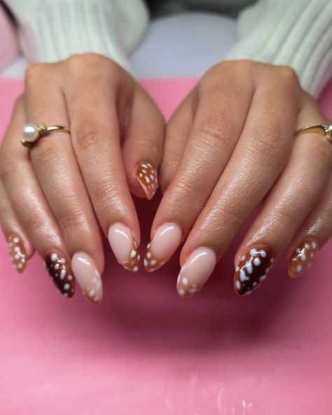 "Deer diary..." . Bambi nails 🦌🤎🥹 for @ladygrinningsoulxx 💖 . Rubber on natural nails + design Fall Deer Nails, Deer Print Nails, Deer Nail Designs, Fawn Nails, Bambi Nails, Deer Nail Art, Natural Nails Design, Deer Nails, Natural Nail Designs