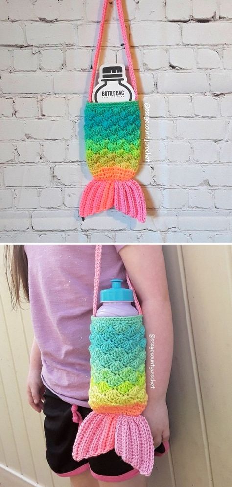 Diy Mermaid Tail, Water Bottle Sling, Crochet Water Bottle Holder, Crochet Mermaid Tail, Bottle Cozies, Bottle Sling, Crochet Cozy, Mermaid Diy, Crochet Mermaid