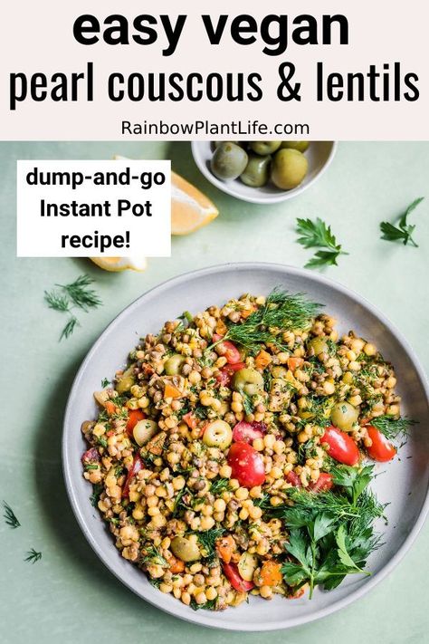 Instant Pot Vegan Couscous and Lentils  | Rainbow Plant Life-  An easy dump-and-go Instant Pot recipe that’s a light, healthy vegan recipe perfect for summer. Featuring French green lentils, pearl couscous, and a zingy vinaigrette with lots of fresh herbs. Click to get the recipe! Rainbow Plant Life, French Green Lentils, Pearl Couscous, Vegan Instant Pot Recipes, Lentil Dishes, Instant Pot Cookbook, Instant Pot Recipe, French Green, Lentil Stew