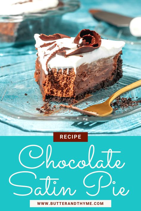 Chocolate Bar Pie, Marie Callenders Chocolate Satin Pie, Marie Calendars Chocolate Satin Pie, Chocolate Satin Pie Recipe, Chocolate Satin Pie, Nostalgic Recipes, Silk Pie Recipe, Chocolate Pudding Pie, Chocolate Silk Pie