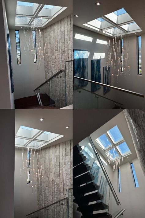 Another beautiful project complete with fully customized frame to accommodate the skylight while making sure the space is illuminated with our custom Twist chandelier. Great way to make the fixture for the special space and making sure the view isn't compromised! Special thanks for collaboration to KHA Architects and for these images! #customchandelier #skylight #beautiful #customlighting #lighting #customstairwaychandelier #stairwaylighting #stairwaychandelier #sunlight #customfixture Stairway Chandelier, Stairway Lighting, Hospital Interior, Custom Chandelier, Special Thanks, Luxury Lighting, Elegant Lighting, Custom Lighting, Drawing Room