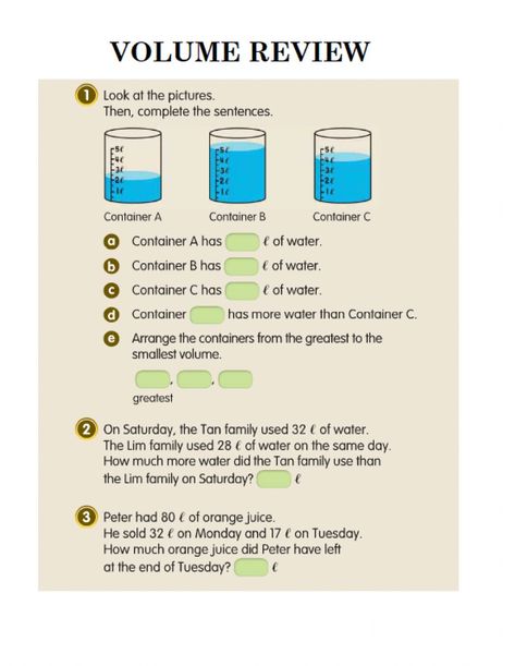 Volume Review 2° worksheet Volume Worksheets For Grade 2, Capacity Worksheets, Volume Worksheets, Volume Math, Mental Maths, 2nd Grade Math Worksheets, Volume And Capacity, Social Studies Worksheets, 2nd Grade Worksheets