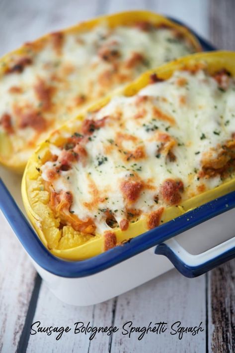 Sausage Stuffed Spaghetti Squash, Spaghetti Squash Sausage, Sausage Spaghetti Squash, Spaghetti Squash Stuffed, Sausage Bolognese, Squash Sausage, Italian Sausage Meatballs, Sausage And Vegetables, Weeknight Casseroles