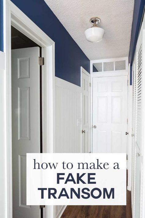 Hallway Refresh, Window Above Door, Door With Transom, Hall Doors, Blue Hallway, Repurposing Ideas, Fake Window, Craftsman Door, Oak Bedroom Furniture