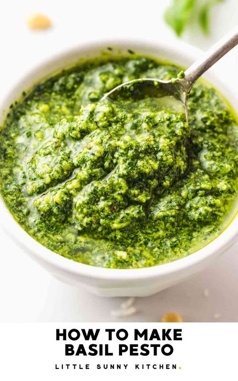 Homemade basil pesto made the classic way with basil and pine nuts! Or make a different variation of the pesto with kale, arugula, carrots tops, and change up the nuts using cashews, walnuts, pecans, or almonds. Creamy Chicken Pesto Pasta, Pesto Basil, Garlic Butter Shrimp Pasta, Homemade Basil Pesto, Chicken Pesto Pasta, Pesto Pasta Recipe, Pesto Recipes, Fresh Recipe, Parsley Pesto