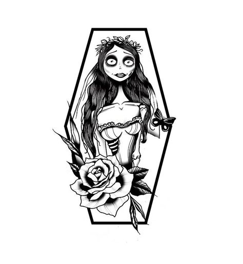 Corpse Bride Tattoo Stencil, Tim Burton Tattoo Designs, Corpse Bride Emily Tattoo, Corpse Bride Tarot Card Tattoo, Corpse Bride Outline, Corpse Bride Tattoo Design, Corpse Bride Inspired Tattoo, Tattoos Corpse Bride, Corpse Bride Tattoo Ideas