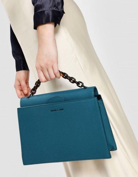 Teal Chain Handle Handbag | CHARLES & KEITH Structured Bag, Long Coats, Shop Shoes, Charles Keith, Handbags Online, Pearl Chain, Bags Accessories, Bags Shoes, Latest Styles