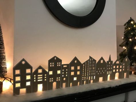 Cardboard Christmas Village Silhouette, Cardboard House Christmas Village, Diy Christmas Scene Ideas, Cardboard Village Christmas, Decorating With Christmas Village Houses, Diy Bethlehem Village, Diy Paper Christmas Village, Diy Christmas House Cardboard, Christmas Village Door Decorating