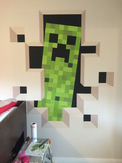 Minecraft Wallpaper For Bedroom, Minecraft Wall Paint, Minecraft Wall Painting, Minecraft Wall Mural, Pixel Painting Art, Minecraft Room Ideas In Real Life, Minecraft Painting Ideas On Canvas, Minecraft Decorations Bedroom, Minecraft Diy Bedroom