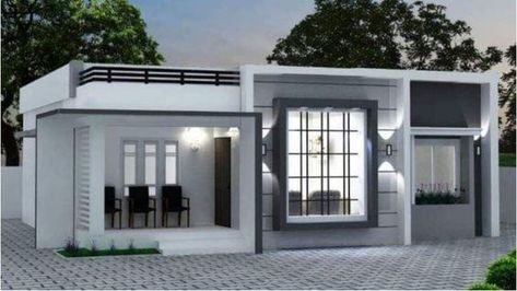 1260 Sq Ft 3BHK Contemporary Style Single-Storey House and Plan - Home Pictures Barn Dominium, Wooden Cladding, Porch Sitting, Staircase Handrail, Compact House, Simple Interior, Bedroom Modern, 3 Bedroom House, Led Outdoor Lighting