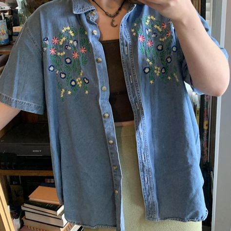 🌷Just My Size Vintage Embroidered Button Up... - Depop Embroidered Denim Shirt Outfit, Embroidered Button Up Shirt, Greenery Garden, Just My Size, My Size, Embroidery Details, Button Up Shirt, Just Me, Floral Embroidery