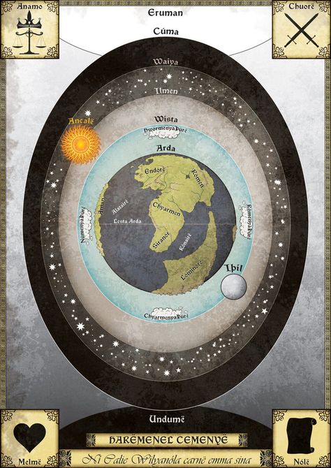 Arda Cosmos Map by ~Sapiento on deviantART Tolkien Map, Middle Earth Map, World History Lessons, Tolkien Books, Fantasy World Map, Tolkien Art, Lotr Art, Heroic Fantasy, Elf House