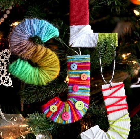 Yarn-Wrapped Initial Ornaments - Happy Hooligans Yarn Letter Ornament, Yarn Wrapped Christmas Ornaments, Wool Christmas Crafts, Ahg Woven, Christmas Yarn Crafts, Initial Ornaments, Elderly Crafts, Yarn Wrapped Letters, Happy Hooligans