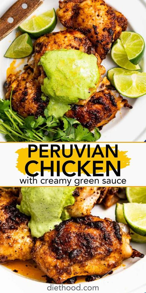 Peruvian Chicken, also known as pollo Peruano, is made by marinating chicken thighs in a mix of olive oil, lime juice, and spices and then roasting the chicken until juicy and crispy. It's served with a delicious creamy green sauce for added flavor. Peruvian Chicken With Green Sauce, Chicken With Green Sauce, Peruvian Chicken Recipe, Creamy Cilantro Sauce, Honey Mustard Chicken Thighs, Green Sauce Recipe, Chicken Pollo, Peruvian Chicken, Marinated Chicken Thighs