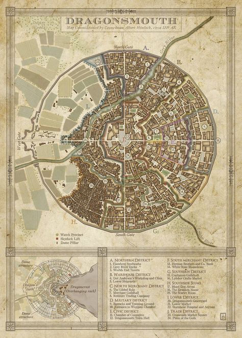 A city map commisioned for Steel and Steam, an upcoming fantasy steampunk kickstarter run by Silverhold Studios. Ville Steampunk, Steampunk City, Fantasy City Map, Fantasy Map Making, Map Layout, Dnd World Map, Fantasy Town, Imaginary Maps, Fantasy World Map