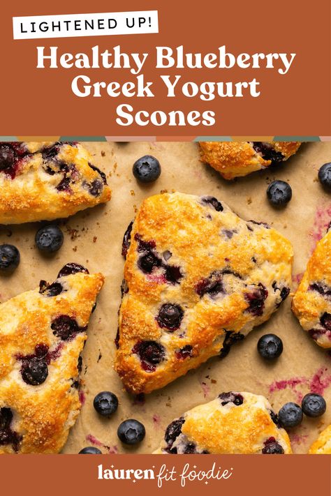 These Healthy Blueberry Greek Yogurt Scones are sweet, tender and bursting with sweet blueberries! They're the perfect breakfast or brunch item to add to your spring menu and you won't believe how easy they are to make. They ready from start to finish in just an hour and perfect for any level baker. Healthy Blueberry Scones, Greek Yogurt Scones, Low Calorie Blueberry Muffins, Yogurt Scones Recipe, Macros Breakfast, Yogurt Scones, Healthy Scones, Healthy Baked Goods, Spring Menu