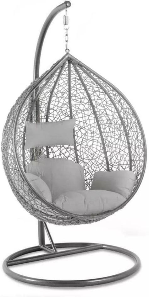 Grey Swing Garden Rattan Egg Chair With Stand and Grey Cushions For Patio. https://amzn.to/3MaDpOa Patio Hanging Chair, Rattan Egg Chair, Chair Garden, Garden Furniture Design, Uk Garden, Swing Chair, Red Cushions, Outdoor Swing, Grey Cushions