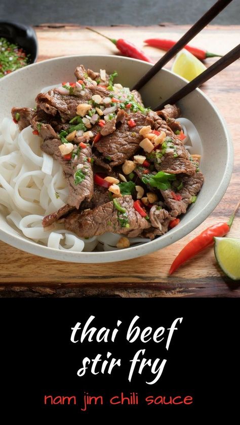 This Thai beef stir fry with nam jim dipping sauce is sure to be a crowd pleaser. Stir Fry With Rice Noodles, Thai Beef Stir Fry, Stir Fry With Rice, Thai Rice Noodles, Steak Stir Fry, Rice Noodles Stir Fry, Steak And Rice, Thai Rice, Thai Beef