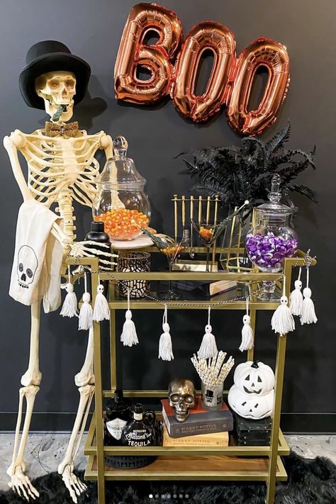 Halloween Bar Cart Decorating Ideas Cart Decorating Ideas, Halloween Bar Cart, Cheers Witches, Creepy Home Decor, Best Costumes, Halloween Bar, Witches Halloween, Bar Cart Decor, Party Bars