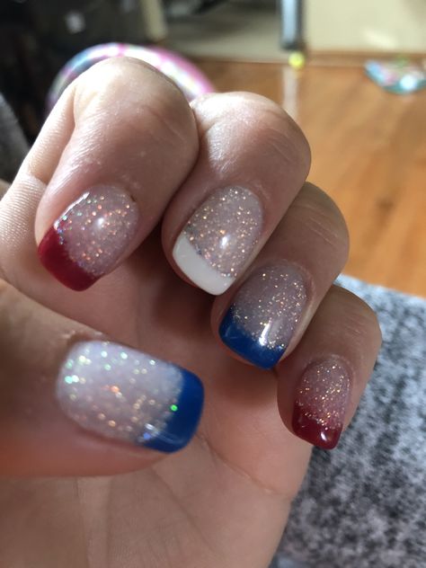 Red White N Blue Nails, Red White And Blue French Nails, Red Blue Silver Nails, Red White And Blue Tips Nails, Blue And Red Ombre Nails, Red White And Blue Nails Dip Powder, Red White And Blue Nail Tips, 4th Of July Dipped Nails, 4th Of July Ombre Nails