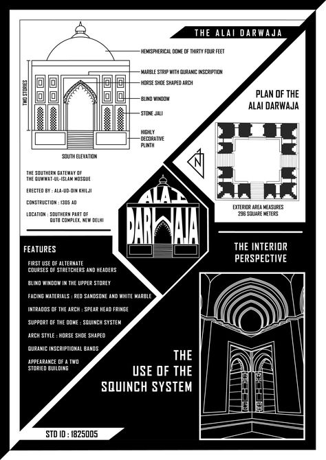 Poster on the Alai Darwaja. The Southern gate way of the Quwwat-Ul-Islam Mosque. Location: The Qutb Complex,New Delhi. Quwwat Ul Islam Mosque, Mosque Poster, Architectural Poster, Islam Mosque, Architectural Ideas, Gate Way, Infographic Poster, Architecture Poster, Architecture Presentation