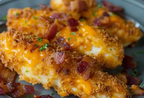 Cheddar Bacon Chicken Tenders Cheddar Bacon Chicken Tenders, Bacon Cheddar Chicken, Baked Chicken Tenderloins, Tender Recipes, Breaded Chicken Tenders, Chicken Tenderloin, Bacon Chicken, Cheddar Chicken, Baked Chicken Tenders