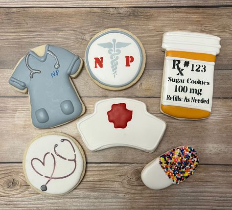 Nurse Grad Cookies Decorated, Nurse Practitioner Party Ideas, Medical School Graduation Cookies, Nurse Practitioner Cookies, Med School Cookies, Cookies For Nurses, Nurse Practitioner Graduation, Nurse Practioner, Grad Cookies