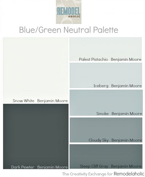 Easy paint color strategy for the whole home {Remodelaholic}...blue/green palette Snow White Paint Color, Bm Iceberg Paint, Bm Cloudy Sky, Bm Iceberg, Palest Pistachio, Interior Paint Colors For Living Room, Interior Paint Colors Schemes, Choosing Paint Colours, Trending Paint Colors