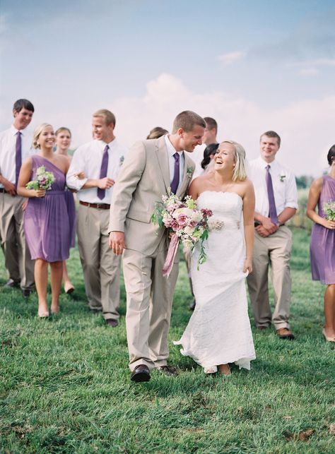 Purple and white style wedding. Photo by HEATHER PAYNE PHOTOGRAPHY Blue And Khaki Wedding, Purple And Tan Wedding, Groomsmen Attire Purple, Tan Groomsmen, Tan Suit Wedding, Khaki Wedding, Beach Wedding Purple, Banner Elk North Carolina, Wedding Party Attire