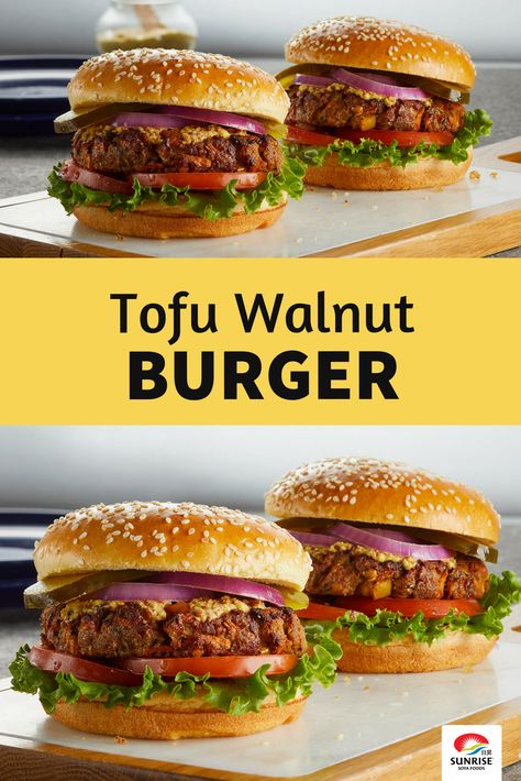 This Tofu Walnut Burger is packed with healthy veggies & delicious flavours. It's a must-try masterpiece. #tofu #burger #vegetarian #vegan #meatless #recipe Walnut Burger Recipe, Tofu Burger Recipe, Walnut Burger, Tofu Lunch, Tofu Burgers, Burger Vegetarian, Vegetarian Diet Recipes, Soya Recipe, Recipes Tofu