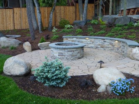 Natural Stone Fire Pit, Seating Wall, Backyard Retaining Walls, Springfield Oregon, Wall Fires, Fire Pit Landscaping, Stone Fire Pit, Fire Pit Seating, Patio Fire Pit