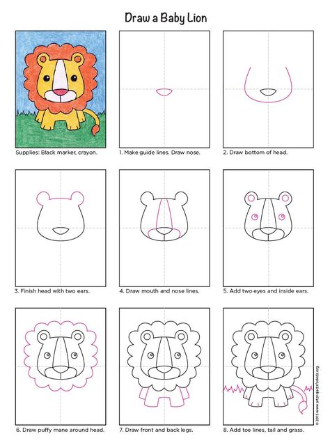 Draw a Baby Lion. PDF Tutorial available to download. #cartoon drawing #howtodraw #directdraw Lion Coloring Pages, Lion Drawing, Drawing Animals, Fun Friday, Art Lessons For Kids, Easy Drawings For Kids, Animal Book, Elementary Art Projects, Comprehension Passage