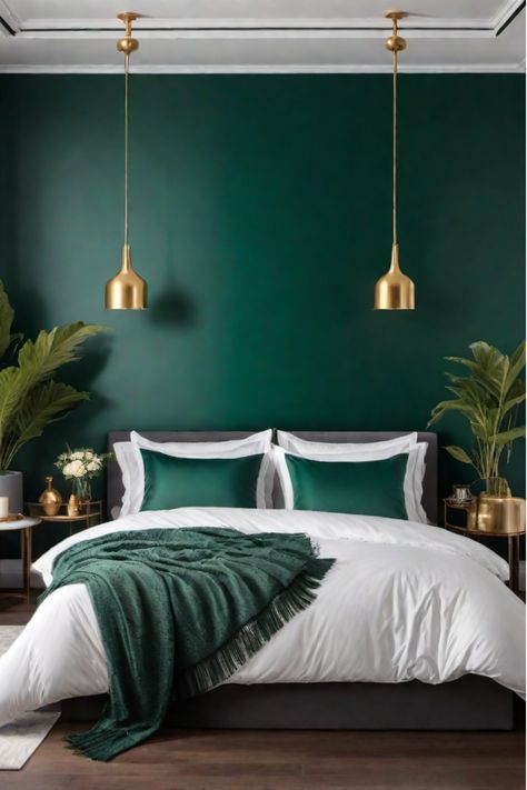 Luxurious bedroom with emerald green accent wall Emerald Bedroom Ideas Color Schemes, Accent Wall Bedroom Apartments, Emerald Green Room Aesthetic Bedroom, Emerald Green Small Bedroom, Emerald Green Themed Bedroom, Emerald Green Wall Bedroom, Emerald Wall Color, Dark Green And Gold Bedroom Ideas, Emerald Master Bedrooms Decor