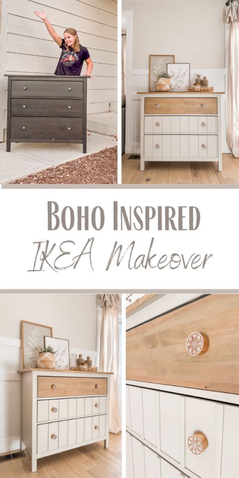 Redo Ikea Furniture, Cheap Dresser Makeover, Vintage Dresser Diy, Ikea Pine Dresser, Boho Remodel, Boho Dresser, Ikea Dresser Makeover, Stained Dresser, Ikea Tarva Dresser