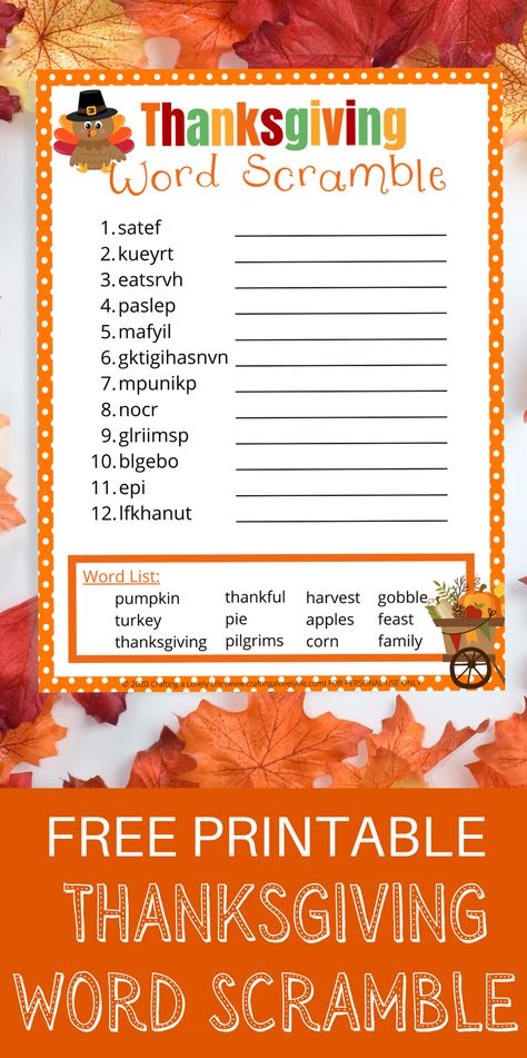 This free Thanksgiving Word Scramble is such a fun activity to do this year to celebrate Thanksgiving! This is a Thanksgiving word scramble with answers making it perfect for kids of all ages! #thanksgivingcrafts #activitiesforkids #thanksgiving #wordscramble #freeprintable #thanksgivingcraftforkids #happythanksgiving Thanksgiving Word Search Free Printable, Thanksgiving Educational Activities, Word Scramble With Answers, Thanksgiving Word Scramble, Thanksgiving Crossword, Thanksgiving Family Games, Thanksgiving Music, Thanksgiving Word Search, Word Games For Kids