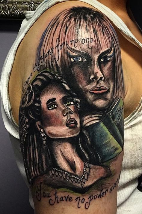 David Bowie tattoo and Labyrinth tattoo by Terin Labyrinth David Bowie, The Labrynth Tattoos, Labyrinth Tattoo Sleeve, Labrynth Movie Tattoos, David Bowie Tattoo Labyrinth, Labyrinth Tattoo Ideas, David Bowie Heroes Tattoo, Labyrinth Tattoo, David Bowie Tattoo