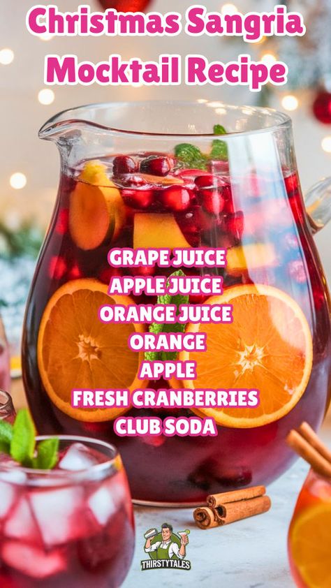 "Celebrate the season with our delightful Christmas Sangria Mocktail Recipe! This refreshing non-alcoholic cocktail is the perfect addition to your holiday drinks lineup. Bursting with festive flavors, it's an ideal choice for winter party drinks and gatherings. Enjoy this easy-to-make sangria recipe that will impress your guests and keep the holiday spirit alive. Perfect for those seeking festive beverages without the alcohol, this Christmas mocktail is a must-try!" Winter Party Drinks, Christmas Party Drinks Alcohol, Sangria Mocktail, Winter Sangria Recipes, Christmas Mocktail, Christmas Sangria Recipes, Christmas Drinks Nonalcoholic, Holiday Mocktail, Christmas Mocktails