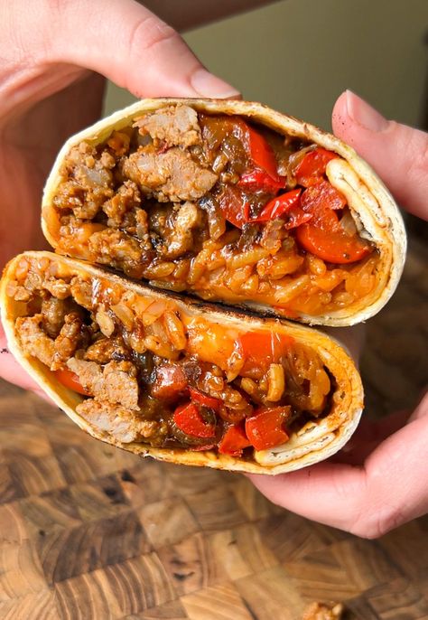 Crispy Sausage + Caramelized Pepper Wraps — Stefanie Phillips Sausage Wraps Tortilla, Sausage Wraps, Crispy Sausage, Sausage Wrap, Jalapeno Sauce, Lunch Wraps, Pickled Cabbage, Creamy Garlic Sauce, Sausage And Peppers