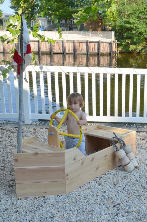 Diy Boat Playhouse, Diy Boat Playground, Outdoor Boat Playground, Wooden Boat Play Structure, Boat Playground, Boat Sandbox, Kids Garden Toys, Kids Garden Play Area, Outdoor Play Space