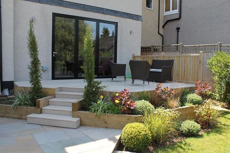 Raised Patio, Courtyard Gardens, Patio Steps, Patio Deck Designs, Living Walls, Back Garden Design, Sloped Garden, Garden Steps, Patio Garden Design