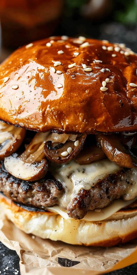 Mushroom Swiss Burger [35 Minutes] – Chasety Hamburger Ideas, Swiss Burger, Burger Ideas, Mushroom Swiss Burger, Burgers Recipes, Veggie Nuggets, Chicken Honey, Best Burger Recipe, Mushroom Burger