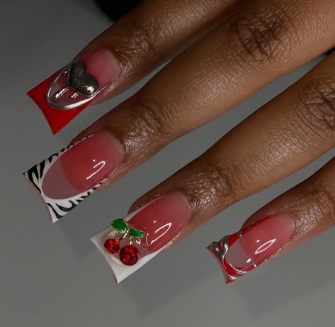 Nail Designs For Red Nails, Red Design Short Nails, Red Overlay Nails, Red Short Nails, Long Acrylic Nail Designs, Diy Acrylic Nails, Drip Nails, Colored Acrylic Nails, Dope Nail Designs