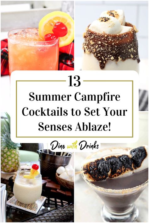 Collage of 4 summer campfire cocktails. Campfire Cocktail Recipe, Camp Themed Cocktails, Burger Pairings, Campfire Cocktails, Camping Cocktails, Bachelorette Party Food, Bonfire Night Food, Summer Campfire, Summer Bonfire