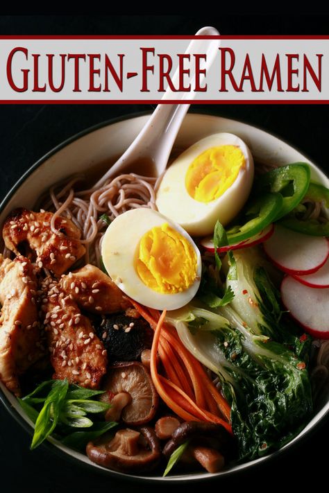 A bowl of gluten free ramen, with chicken and vegetables. Gluten Free Ramen Recipes, Ramen With Chicken, Gluten Free Ramen Noodles, Ramen Noodle Recipes Soup, Gluten Free Ramen, Ramen Recipes Easy, Alpha Gal, Gf Food, Ramen Noodle Bowl