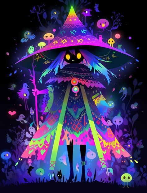 Fireworks Character Design, Magic Aesthetic Drawing, Night Character Design, Neon Character Design, Neon Oc, Neon Witch, Neon Character, Rainbow Witch, Witch Art